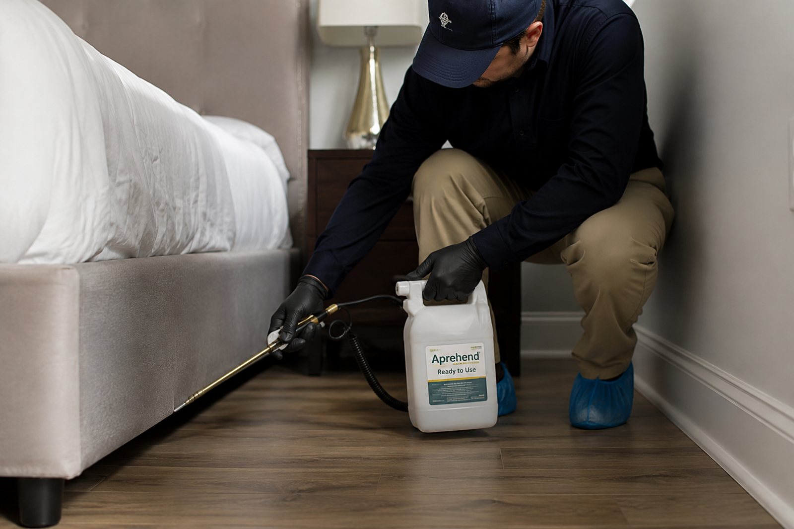 A technician from The Bed Bug Removal Experts applying an Aprehend barrier along a bed frame, with the Aprehend Ready to Use container beside him