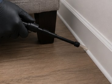 Gloved technician applying a narrow Aprehend barrier band along a baseboard beside a sofa leg
