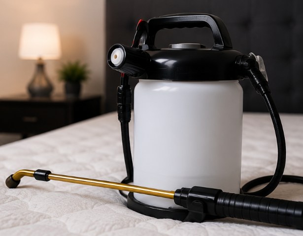 Low-volume, low-pressure applicator tank and spray wand used to apply Aprehend, resting on a mattress