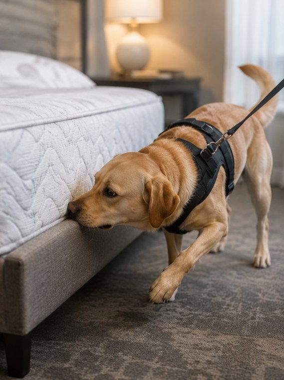 Perro detector de chinches revisando la costura de un colchón en una habitación