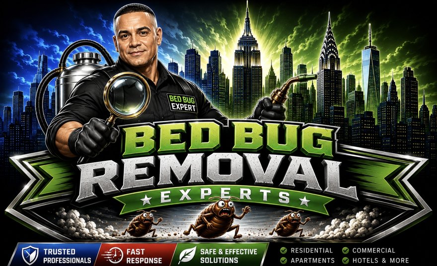 The Bed Bug Removal Experts banner: a technician with a magnifying glass and sprayer against the New York City skyline, above badges reading trusted professionals, fast response, and safe and effective solutions
