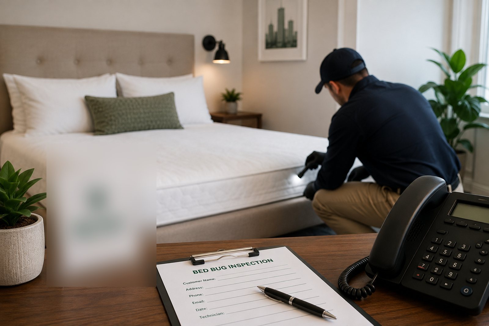 A bed bug inspection form and desk phone in the foreground while a technician inspects a mattress in the background