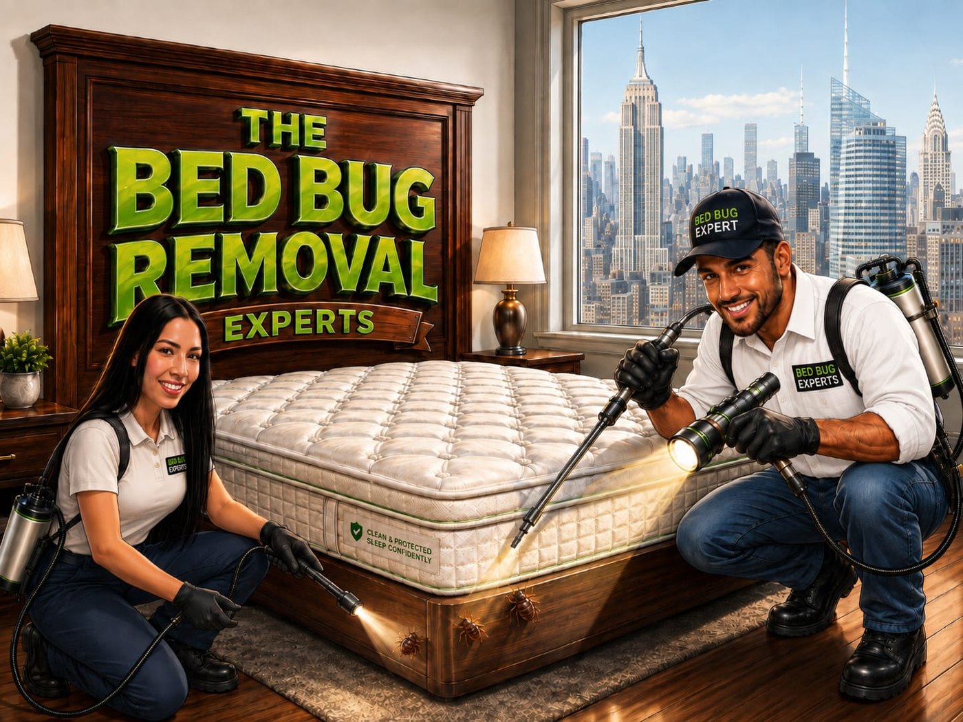 Two technicians from The Bed Bug Removal Experts treating a mattress and bed frame in a New York City bedroom