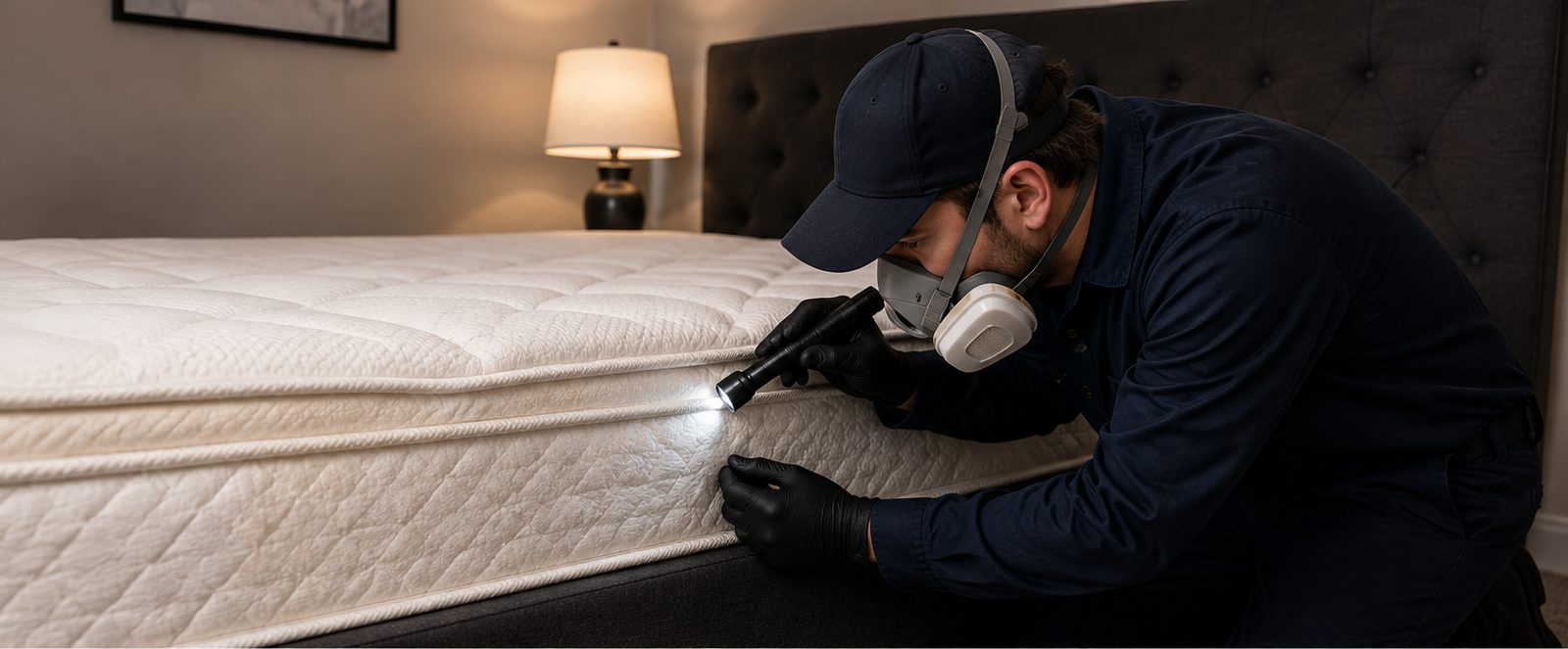 A technician from The Bed Bug Removal Experts inspecting a mattress seam for bed bugs with a flashlight