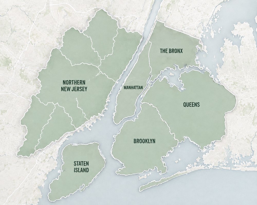 Map of The Bed Bug Removal Experts service area, with Manhattan, the Bronx, Brooklyn, Queens, Staten Island and Northern New Jersey shaded green